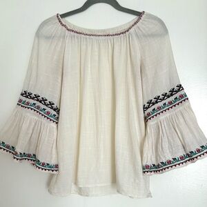Max Studio Ivory Embroidered Top Size Small Flowy Gauzy Bell Sleeve Boho Hippie